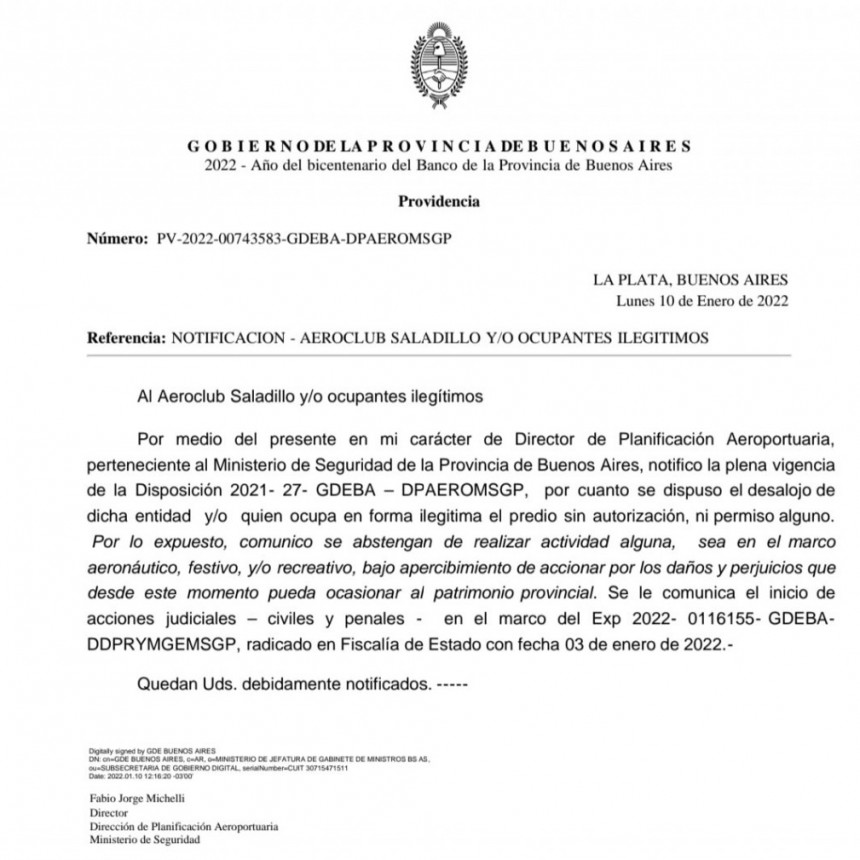 Intiman a cumplir con el desalojo del AeroClub de Saladillo