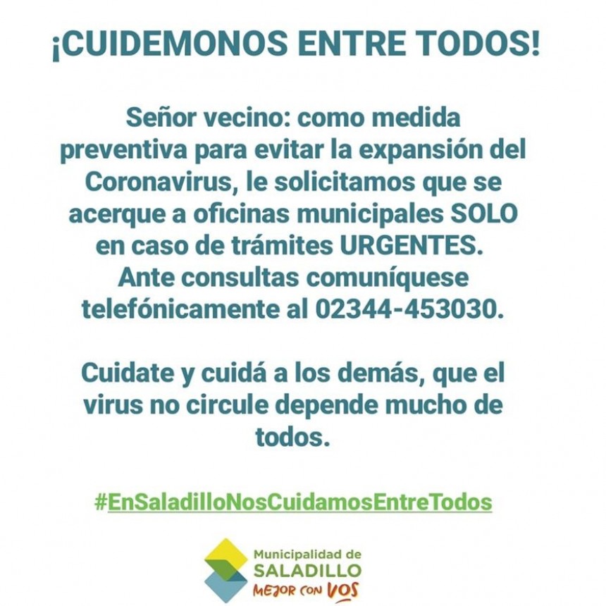 Municipalidad de Saladillo: ¡CUIDÉMONOS ENTRE TODOS!
