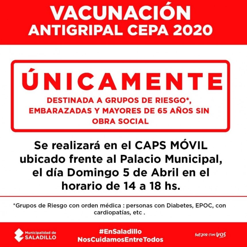 SALADILLO: LA VACUNACIÓN ANTIGRIPAL CONTINUARA ESTE DOMINGO