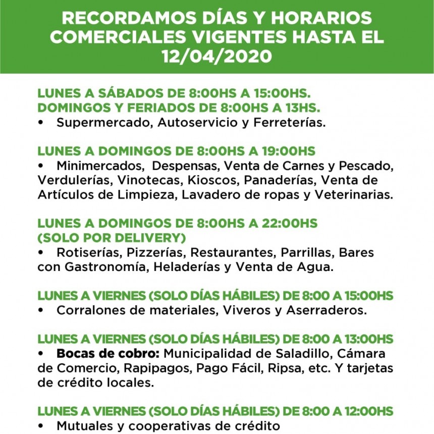 Saladillo: RECORDAMOS DÍAS Y HORARIOS COMERCIALES VIGENTES HASTA EL 12/04/2020