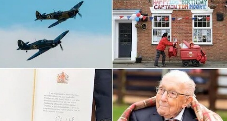 El Capitán Tom Moore observo el vuelo aéreo de la RAF con un Spitfire y un Hurricane para conmemorar su centenario