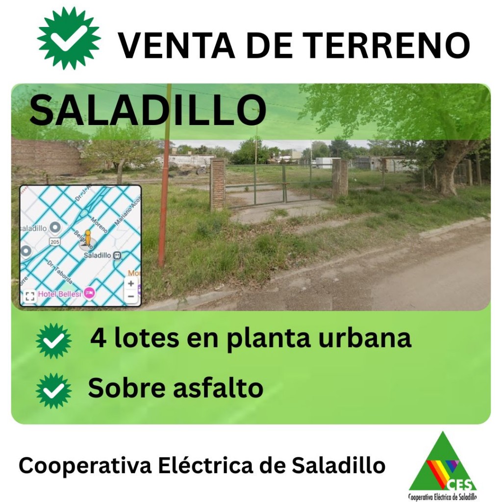 VENTA DE TERRENO: Ofrecimiento de lotes de la Cooperativa Eléctrica Saladillo 
