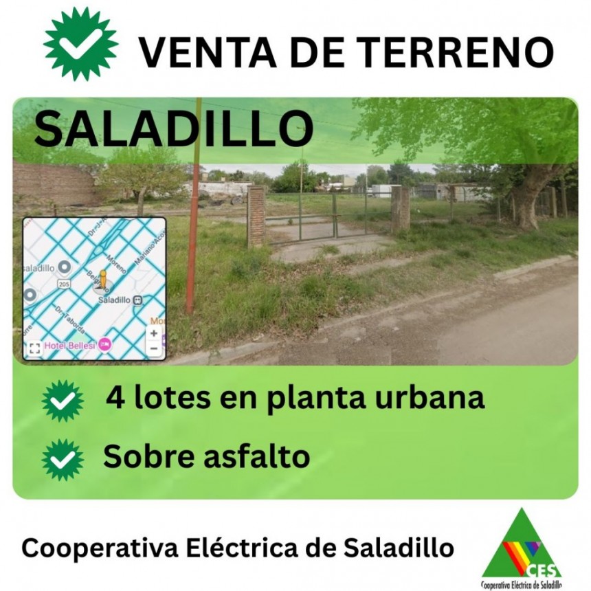VENTA DE TERRENO: Ofrecimiento de lotes de la Cooperativa Eléctrica Saladillo 
