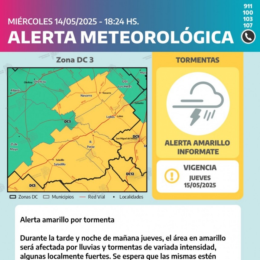 ALERTA AMARILLA POR POSIBLES TORMENTAS: Se anuncian lluvias los días Jueves 15 y viernes 16