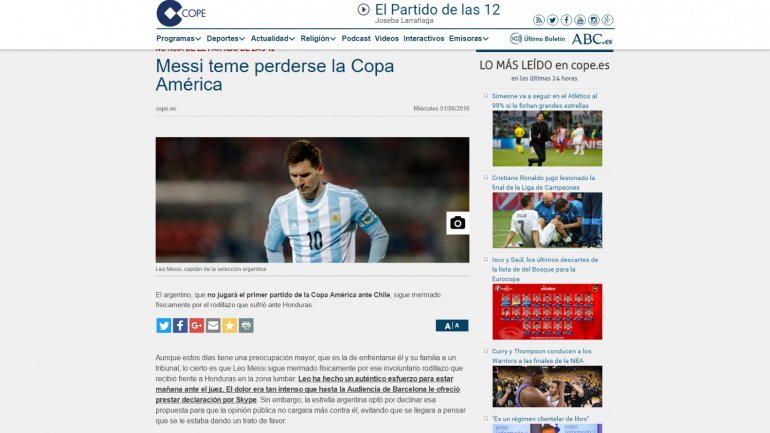 Messi se perder&iacute;a la Copa Am&eacute;rica, seg&uacute;n lo que informan algunos medios espa&ntilde;oles