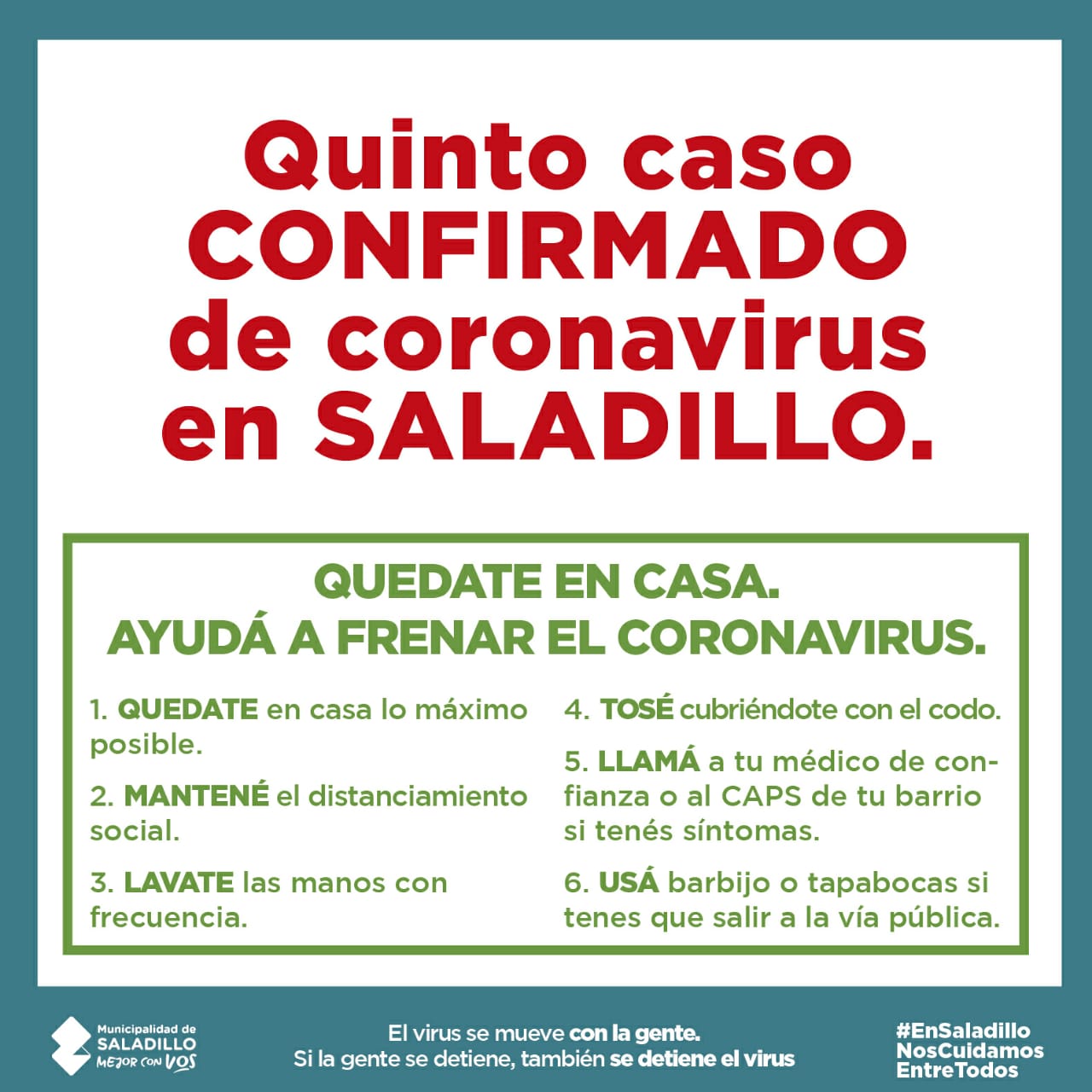 QUINTO CASO CONFIRMADO DE CORONAVIRUS EN SALADILLO