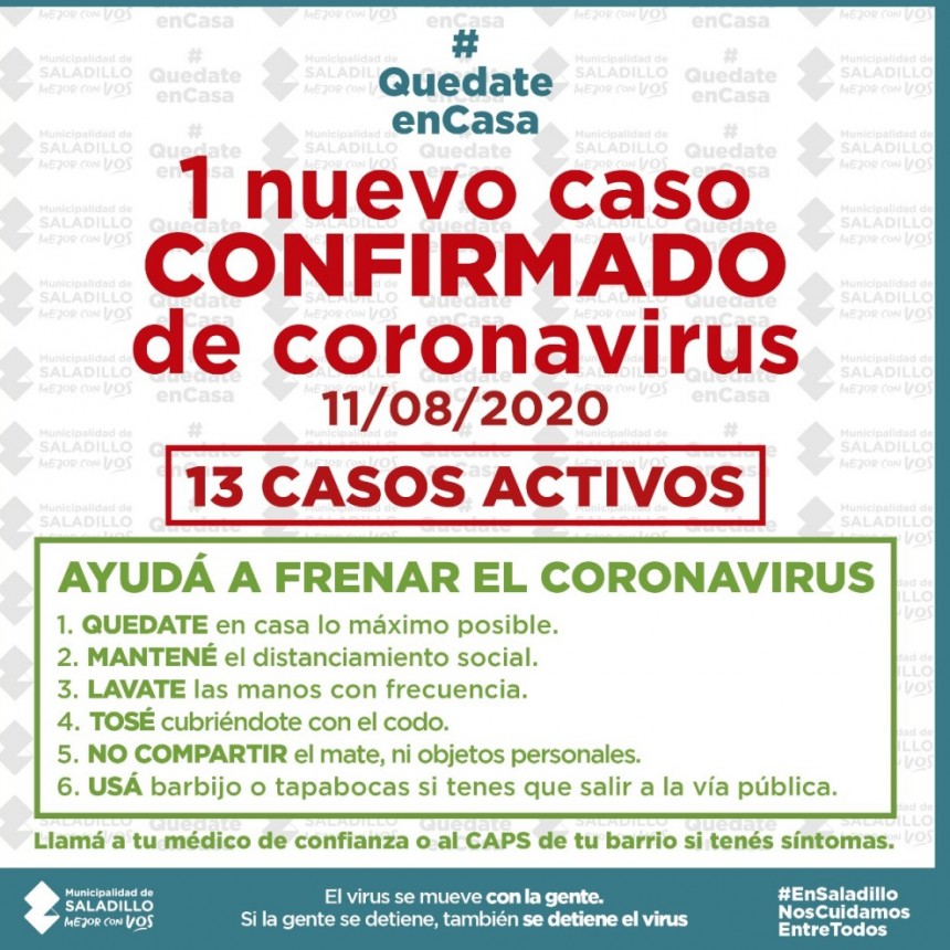 NUEVO CASO CONFIRMADO DE CORONAVIRUS EN SALADILLO