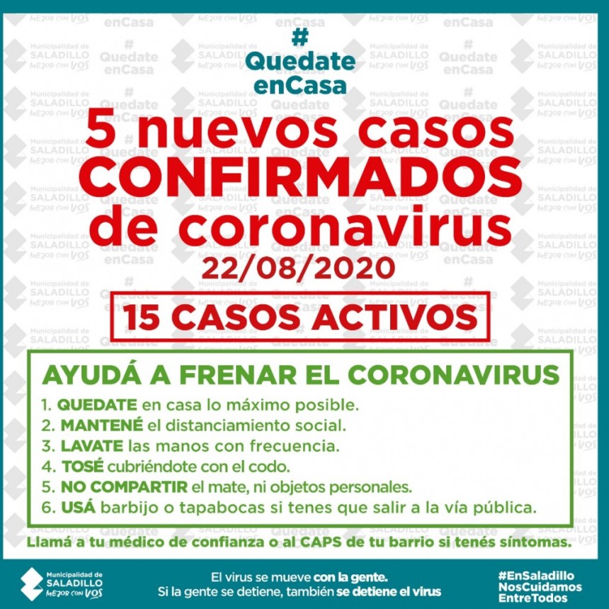Cinco nuevos casos de covid-19 en Saladillo